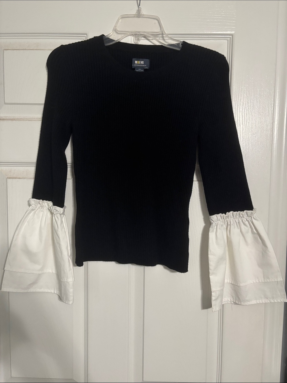Anthropologie Maeve Black Top with White Ruched Bell Sleeves